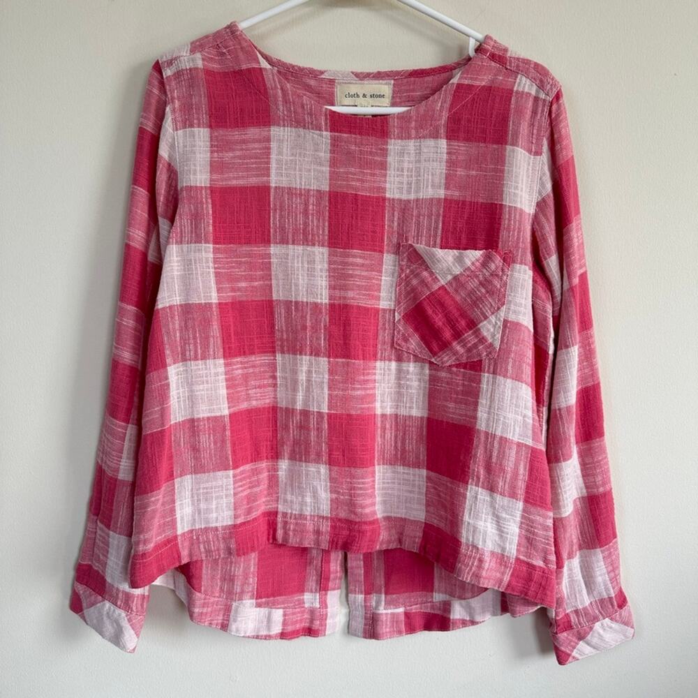 Cloth and Stone Blouse Women SMALL Linen Preppy Gingham Plaid Lightweight Summer